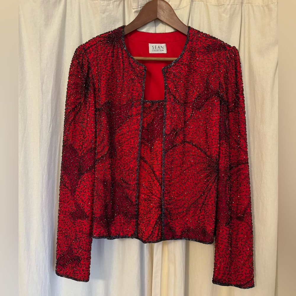 Sean Collection Vintage Red Beaded Jacket - Tank set